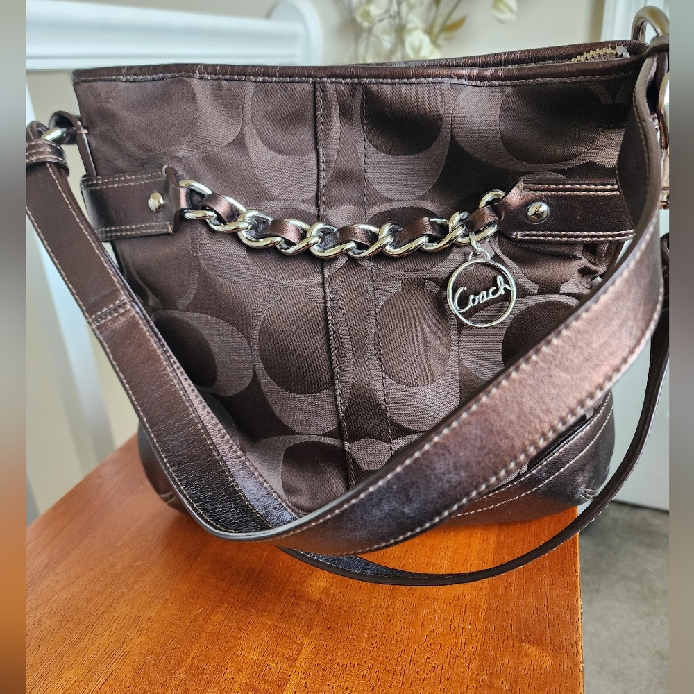 Coach Dark Brown Signature Shoulder Bag, Serial # F19730